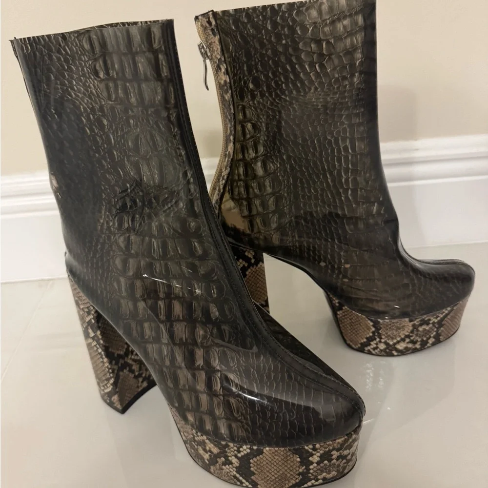 Women’s Platform Ankle Boots in Black with Snake-Print Accents